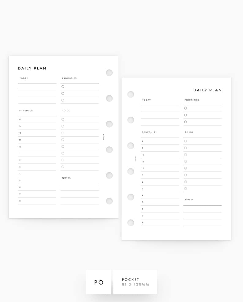 May include: Two blank daily planner pages with a simple design. The pages are divided into sections for today, schedule, to do, priorities, and notes. The pages are designed for a pocket-sized planner.