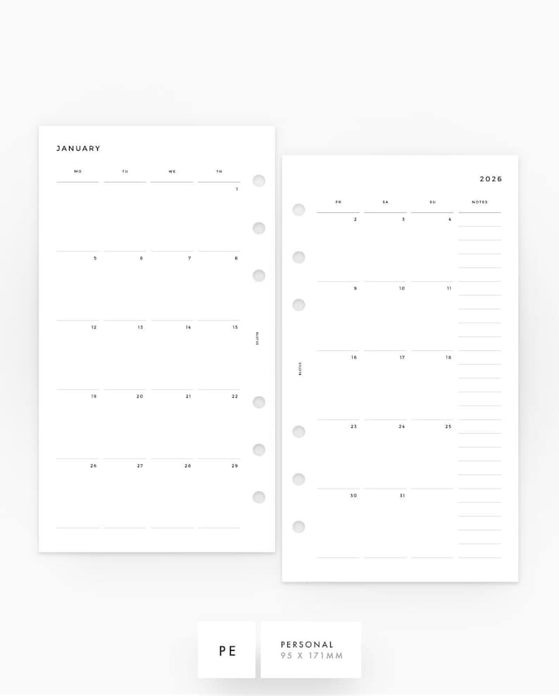 Puede incluir: Insert de planificador blanco para 2026, con un calendario mensual de enero a la izquierda y una vista semanal con notas a la derecha. El inserto tiene agujeros pre-perforados para encuadernar. Dimensiones: 95 mm x 171 mm.
