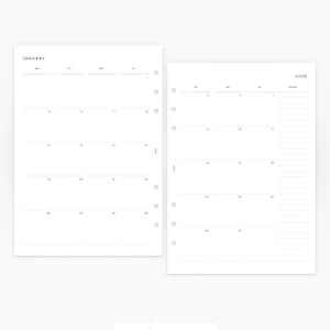 Puede incluir: Dos p&aacute;ginas blancas de planificador A5 con un dise&ntilde;o minimalista. Una p&aacute;gina muestra un calendario de enero, la otra un calendario de 2026 con secci&oacute;n de notas. Las p&aacute;ginas est&aacute;n perforadas para una carpeta. Dimensiones: 148 x 210 mm.