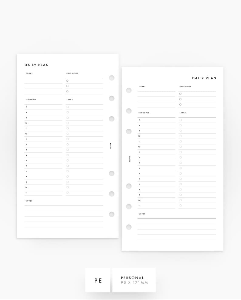 May include: Two blank daily planner pages with sections for today, priorities, schedule, tasks, and notes. The pages are designed for a personal size planner, measuring 95 x 171 mm.
