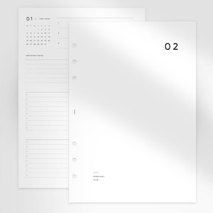Puede incluir: Dos p&aacute;ginas de planificador blancas con dise&ntilde;o minimalista. Una p&aacute;gina muestra un calendario de enero de 2024 y una lista de tareas. La otra p&aacute;gina presenta el n&uacute;mero "02" y el mes "febrero de 2024". Ambas p&aacute;ginas tienen una est&eacute;tica limpia y moderna.