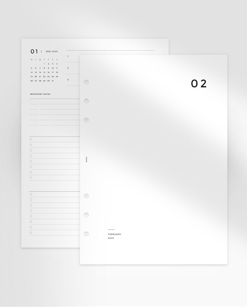 Puede incluir: Dos p&aacute;ginas de planificador blancas con dise&ntilde;o minimalista. Una p&aacute;gina muestra un calendario de enero de 2024 y una lista de tareas. La otra p&aacute;gina presenta el n&uacute;mero "02" y el mes "febrero de 2024". Ambas p&aacute;ginas tienen una est&eacute;tica limpia y moderna.