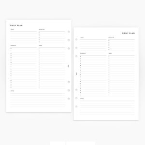 May include: Two blank daily planner pages in A5 size (148 x 210 mm). Each page has sections for today, priorities, schedule, tasks, and notes.