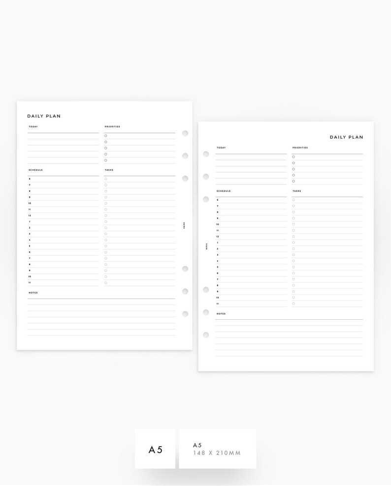 May include: Two blank daily planner pages in A5 size (148 x 210 mm). Each page has sections for today, priorities, schedule, tasks, and notes.