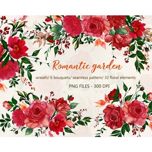 May include: Watercolor illustration of a romantic garden with red roses, leaves, and berries. The illustration includes a wreath, six bouquets, a seamless pattern, and 32 floral elements. PNG files - 300 DPI.