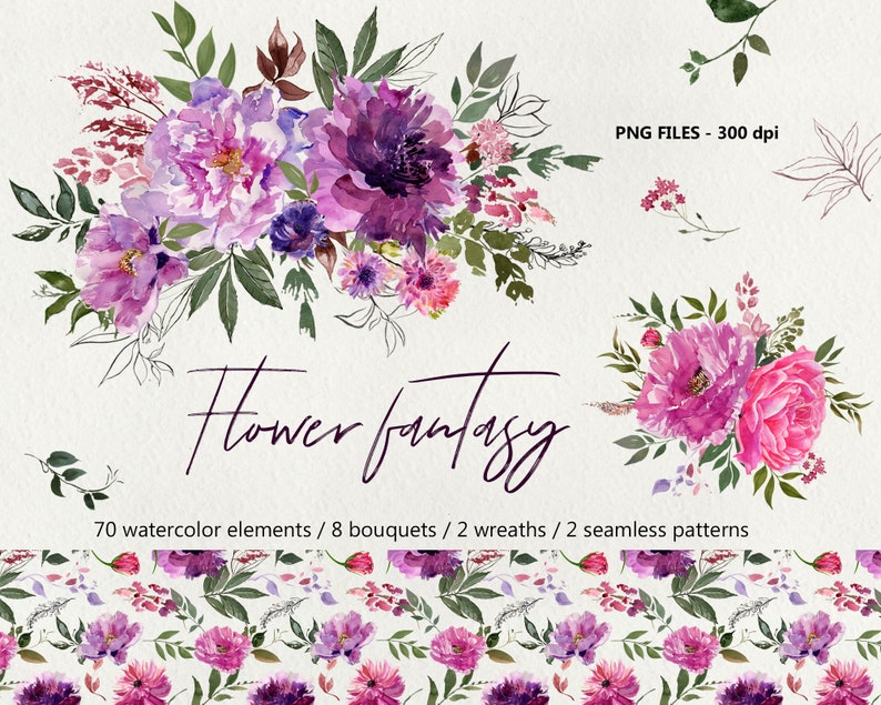 Purple floral clipart Clipart Clipart invitation Floral watercolor Bouquet clipart Pink flower clipart Watercolor clipart