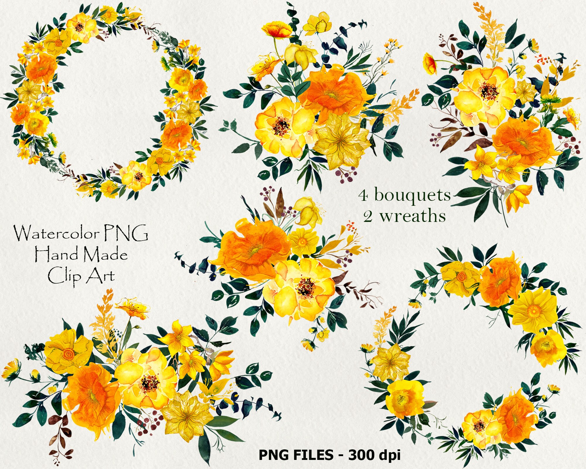 Floral Clipart Watercolor Flowers Yellow Clipart Flower Etsy