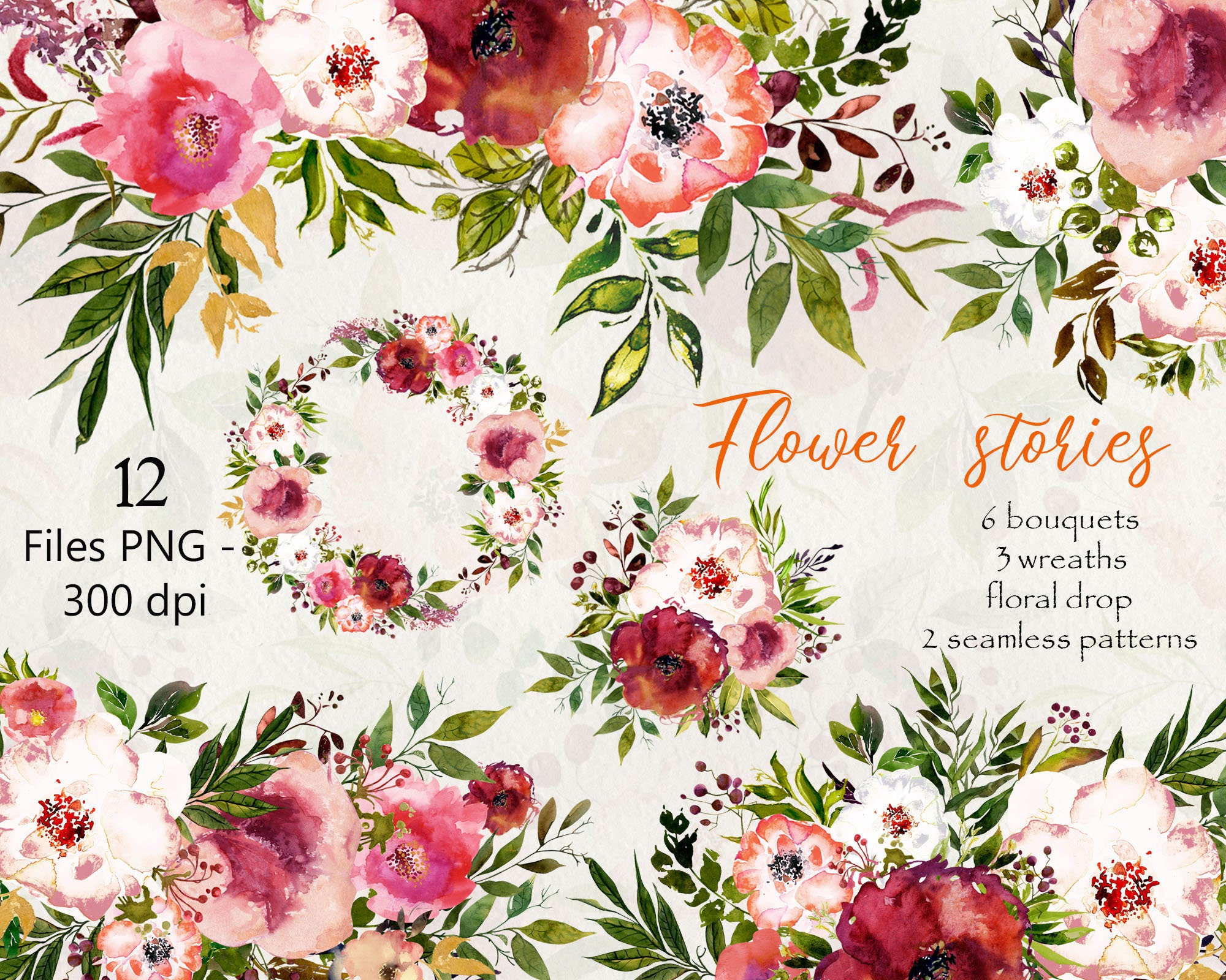 Flower Bouquet Clipart Pink Flowers Png Bouquet Clipart Etsy