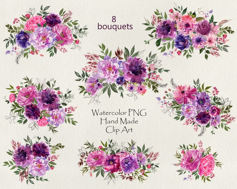 Purple floral clipart Clipart Clipart invitation Floral watercolor Bouquet clipart Pink flower clipart Watercolor clipart