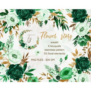 May include: A digital illustration of a floral wreath with green and white flowers and gold leaves. The text "Flower story" is written in a decorative font. The text below the title reads "wreath, 6 bouquets, seamless pattern, 55 floral elements, PNG FILES - 300 DPI".