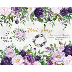 May include: A set of 67 watercolour floral elements in shades of purple and white, including bouquets, wreaths, and seamless patterns. The text "Floral fantasy" is written in gold lettering.