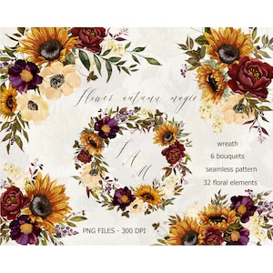 Op de afbeelding: Een digitale illustratieset met een krans, boeketten en bloemmotieven in tinten bordeauxrood, geel en paars. De set bevat zonnebloemen, rozen en andere herfstbloemen. De tekst "Flower autumn magic" en "SAM" is opgenomen in het ontwerp.