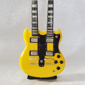 Miniature Double Neck Yellow Guitar Replica Hand Crafted Collector Item Gift Idea