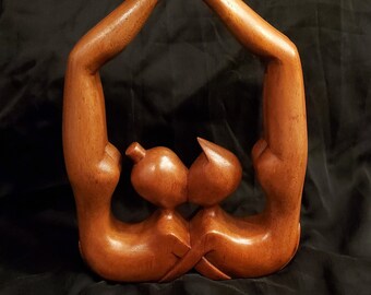 Handmade Suar Wood Sculpture: Kissing Couple, Indonesian Art