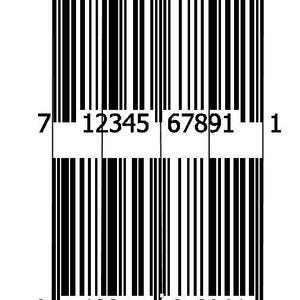 May include: A black and white barcode with the numbers 7 12345 67891 1 printed above it and 0 712345 678911 > printed below it. The text "UPC-A Format Barcode" is above the barcode and "EAN-13 Format Barcode" is below the barcode.