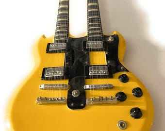 Hand Crafted Miniature Double Neck Yellow Guitar Replica: Collector's Item