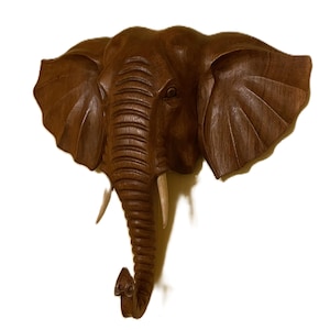 Handmade Balinese Wood Elephant Head Sculpture Symbol of Determination Asian Arts Figures