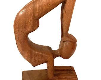 Hand Carved Suar Wood Acrobat Sculpture: Indonesian Art, Yoga Pose