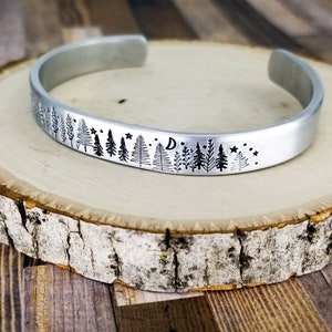 Evening in the Forest Cuff Bracelet | Can Be Personalized | Tree Jewelry, Stars | Nature Jewelry, Hiking, Camping Lover | Gift for Him, Her