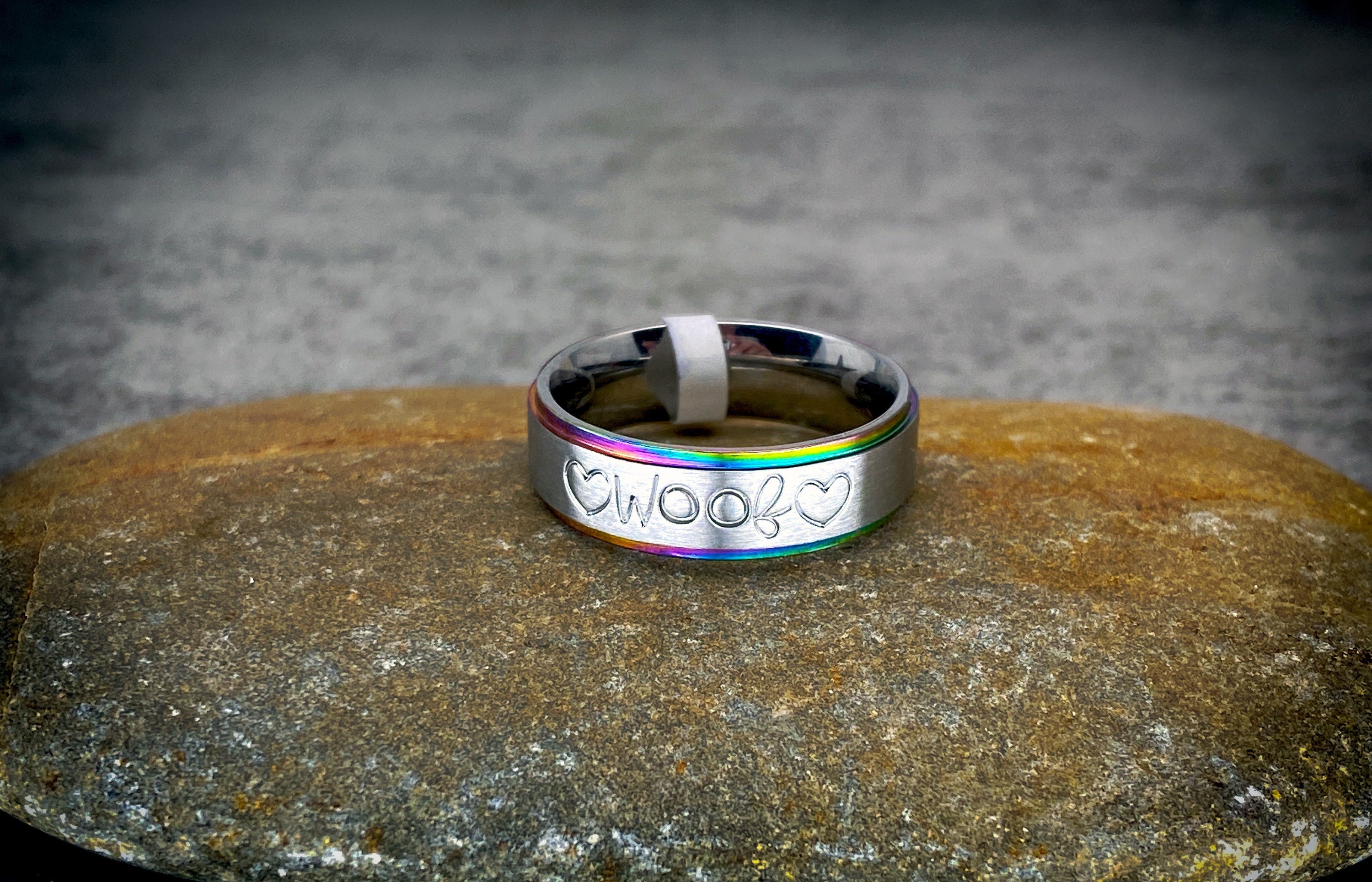 Woofing Rings WOOF Ring | Silver & Rainbow Stainless Steel | Personalize Jewelry Dog ...