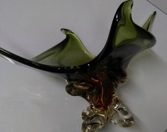 Large Center Piece Dish Blown Glass Art Deco Jade Green Abstract Sculpture