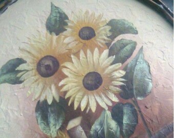 Old 50K Rare!Branch Framed Accented, Large Round Framed Sunflower Oil Painting Perfect Mint!Gem