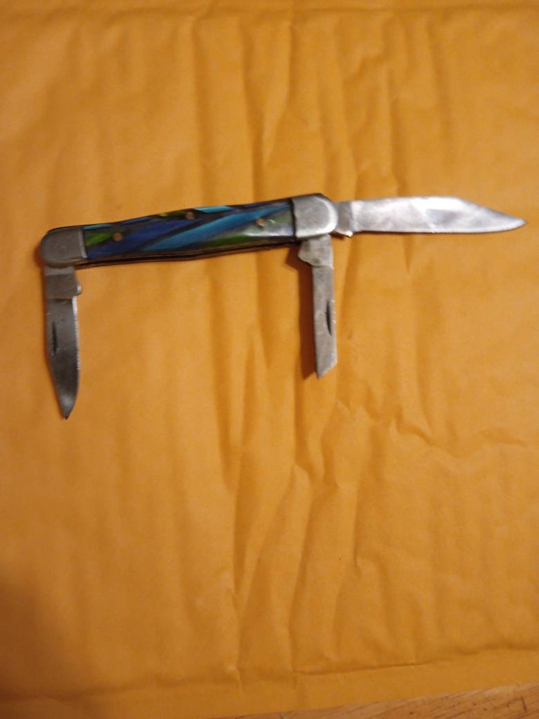 Vtg Folding 3 Blade Hunting Knife Collectible Etsy