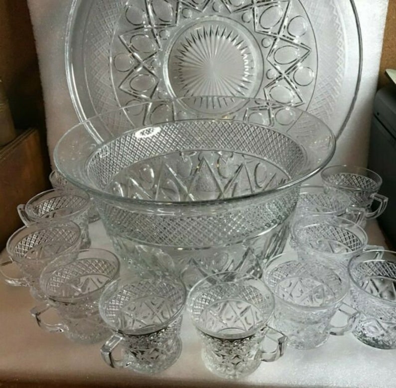 Mid Century Anchor Hocking Crystal Fiesta/party Punch Bowl Set Etsy