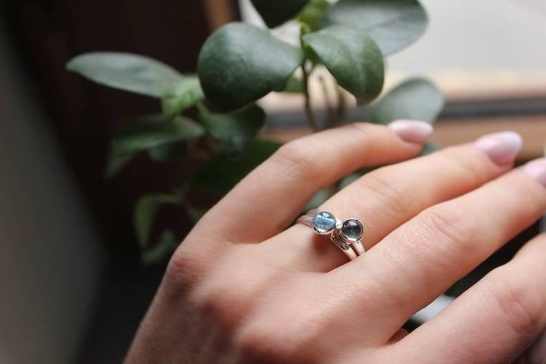 Sterling silver Gemstone ring Gift for women Tiny hoop earrings Blue topaz silver ring
