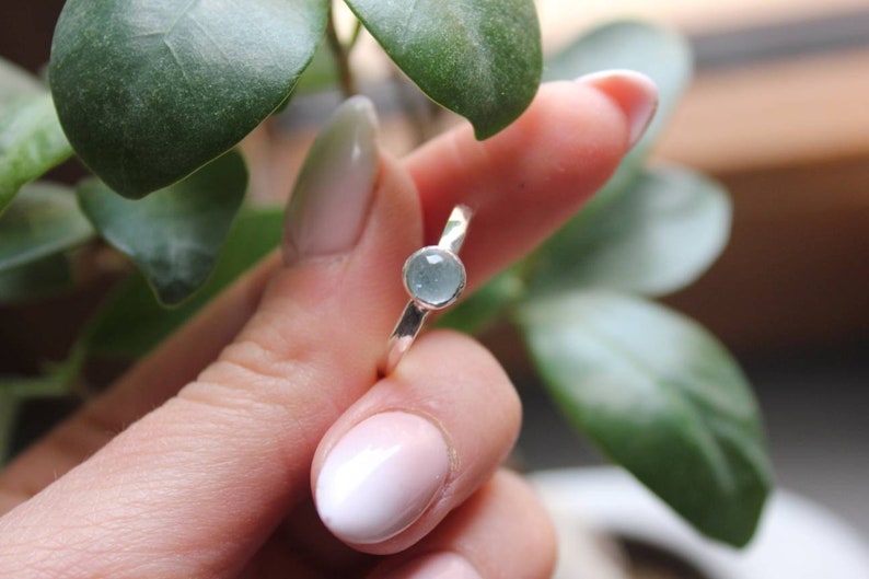 Sterling silver Gemstone ring Gift for women Tiny hoop earrings Blue topaz silver ring