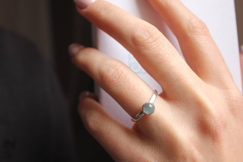 Sterling silver Gemstone ring Gift for women Tiny hoop earrings Blue topaz silver ring