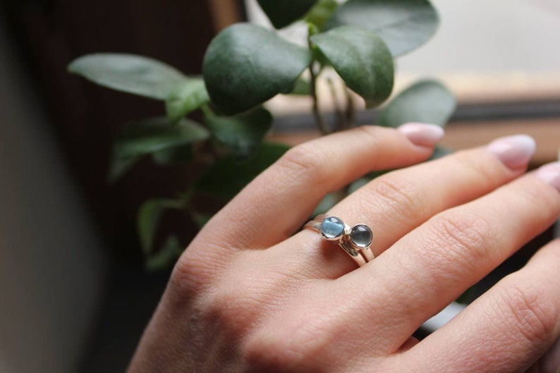 Sterling silver Gemstone ring Gift for women Tiny hoop earrings Blue topaz silver ring