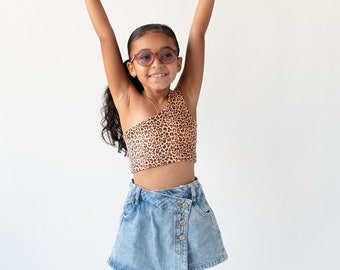 Llamaste Sustainable Junior's One Shoulder Crop Top in Cheetah | Yoga Fitness Workout Cropped Top | Kids, Child, Yoga Top, Leopard