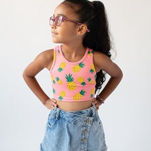 Llamaste Sustainable Junior&#39;s Racerback Crop Top in Pineapple | Yoga Fitness Workout Cropped Top