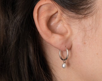 Natural Pearl Hoop Earrings  | Silver Pearl Earrings | Pearl Dangle Earrings | Natural Freshwater Pearl Earrings | Drop Pearl Earrings