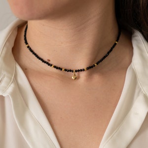 Black Onyx Necklace | Onyx and Golden Beads Necklace with a Heart Pendant | Black Onyx Choker Minimalist Necklace | Segment Necklace I Gift