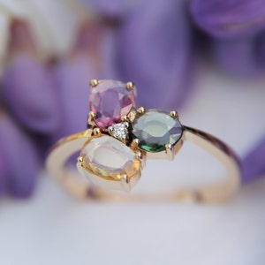 Pink, Yellow and Green Sapphires and Diamond Ring in 14k Yellow Gold Setting | Sapphire Engagement Ring | Genuine Natural Sapphire