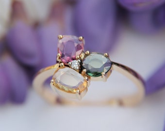 Pink, Yellow and Green Sapphires and Diamond Ring in 14k Yellow Gold Setting | Sapphire Engagement Ring | Genuine Natural Sapphire