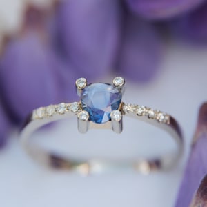 Diamond And Blue Sapphire Engagement Ring/Light Blue Sapphire Engagement Ring/14k Gold Blue Sapphire Engagement  Ring/September Birthstone