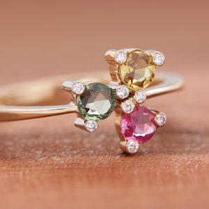 Pink, Yellow and Green Sapphires and Diamonds Ring | Sapphire Engagement Ring | Genuine Natural Sapphire | 14K Yellow Gold Ring