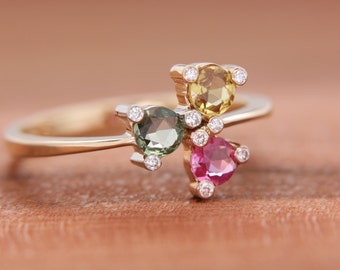 Pink, Yellow and Green Sapphires and Diamonds Ring | Sapphire Engagement Ring | Genuine Natural Sapphire | 14K Yellow Gold Ring