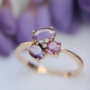 Pink Sapphire And Diamond Engagement Ring,14K Solid Gold Ring