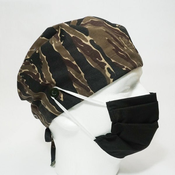 Washable Surgical Cap Tiger Camo - Camouflage Cotton Fabric ( Cook Scrub Surgical Medical Dentist Nurse Hair-Loss Chemo)