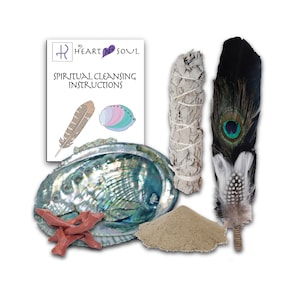 May include: A spiritual cleansing kit with a white sage smudge stick, abalone shell, a peacock feather, red coral, and a small bag of sand. The kit also includes a card with instructions for spiritual cleansing.