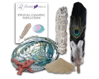 Deluxe Smudge Kit with Sage, Handmade Feather, Sand, Abalone Shell, Stand - Energy Cleansing Clearing Spiritual Practice House Smudging