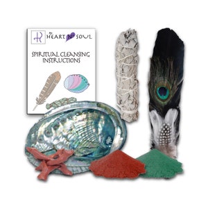 May include: A spiritual cleansing kit with a white sage smudge stick, abalone shell, red and green powders, a peacock feather, and a card with the text "My Heart N Soul Spiritual Cleansing Instructions".