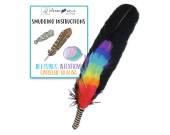 Premium Chakra Smudge Feather, Turkey and Peacock, Unique Homecrafted Energy Cleansing Clearing Spiritual Practice House Smudging - Rainbow