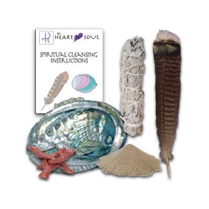 Deluxe Smudge Kit with Sage, Handmade Feather, Sand, Abalone Shell, Stand - Energy Cleansing Clearing Spiritual Practice House Smudging