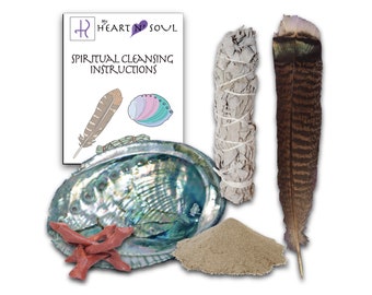 Deluxe Smudge Kit with Sage, Handmade Feather, Sand, Abalone Shell, Stand - Energy Cleansing Clearing Spiritual Practice House Smudging