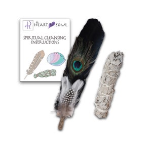 New Smudge Kit with Sage, Turkey and Peacock Feather, Unique Homecrafted Energy Cleansing Clearing Spiritual Practice House Smudging